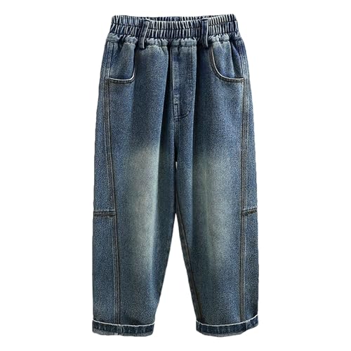 Kid Boy Baggy Denim Jeans Elastic Mid Waist Washed Full Length Tapered Pants