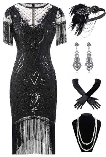 867A - Plus Size 1920s Vintage Fringed Gatsby Sequin Beaded Tassels Hem Flapper Party Prom Cocktail Dress with Accessories