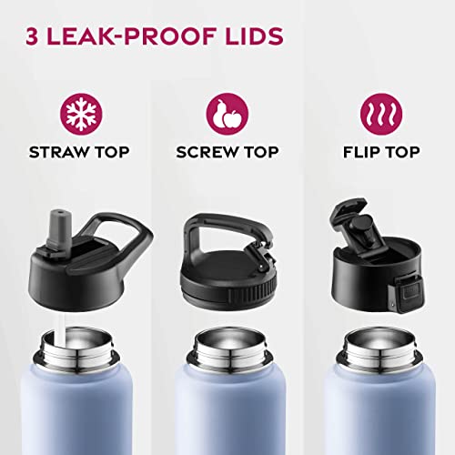 Finedine Insulated Water Bottles With Straw - 40 Oz Stainless Steel Metal Water Bottle W/ 3 Lids - Reusable For Travel, Camping, Bike, Sports - Powder Steel Blue Blend #TOP3