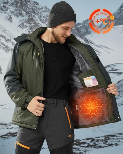 KEFITEVD Chaqueta de snowboard para hombre con forro cálido, chaqueta de esquí impermeable Softshell con capucha, chaqueta de invierno, transpirable, chaqueta funcional, Verde militar, L - imagen 2