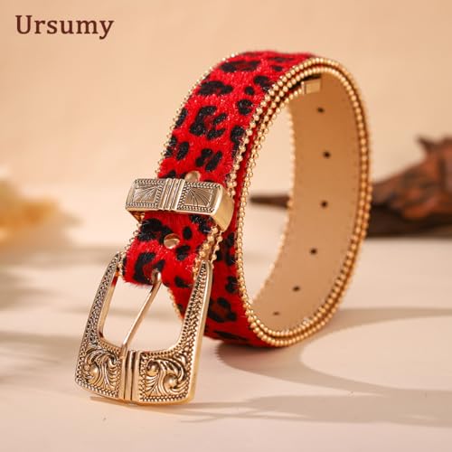 Ursumy Women Red Leather Belt Leopard Print Belt Rhinestone Belt Vintage Belt Western Fashion Cowboy belts for Jeans Dress2