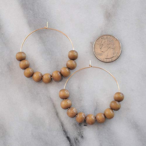 Wood Beaded Gold Filled Large 45Mm Hoop Earrings With Natural Wood Beads #TOP2