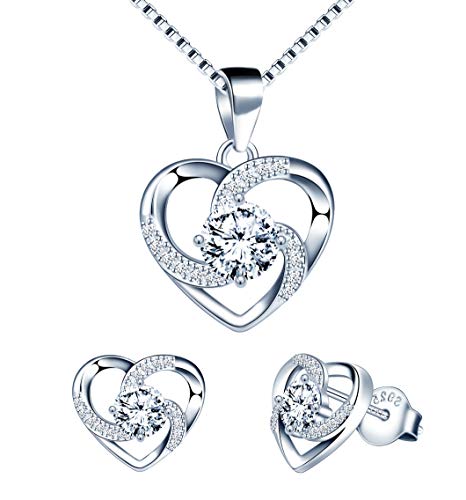 Yumilok Heart Jewellery Sets, 925 Silver and Cubic Zircorn Love EArrings Necklace Set