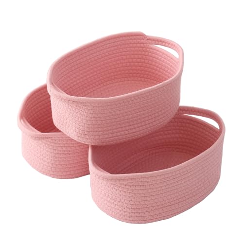 Image of JMvicyroam Small Woven Basket, Empty Gift Basket, Pink /3 Pack | Small Gift Basket, Cotton Rope, 12 x 8 x 44 in, Handles, Includes Ribbon and Bag, Birthday Gift Basket