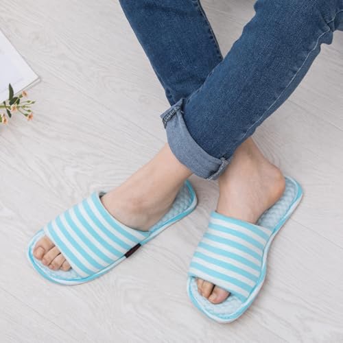 Image of Women's House Slippers Open Toe, Soft Knit Striped Bedroom Slippers with Cushioned Footbed, Non-Slip Sole for Indoor Home Use