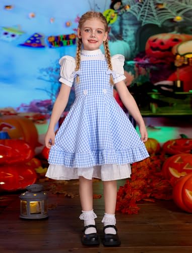 OBEEII Kids Girl Blue and White Checked Dress Bows Summer Casual Short Sleeve Blue Gingham Dress2