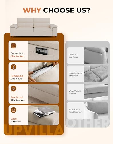 Image of 88.97 inch Modern Couches for Living Room, Deep Seat Sofa with 8 inchCushion, Comfy 2-Seater Chenille Loveseat Sofa with Convertible Armrest, Removable Sofa Cover, High Leg (Beige)