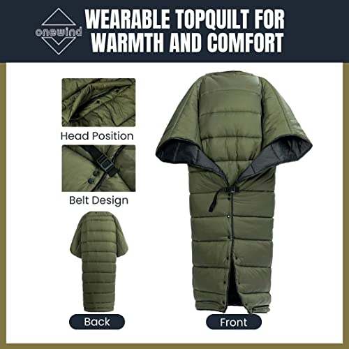 onewind Top Quilt with Footbox, Recycled Nylon Fabric Sorona Filling Quilt Poncho Lightweight and Portable Camping Sleeping Bag Alternative for Camping Backpacking and Hiking, OD Green