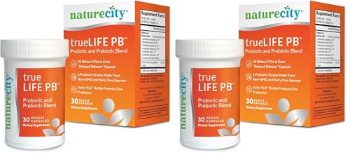 Image of NatureCity True-Life-PB Shelf Stable Blend Prebiotics and Probiotics for Women and Men - Digestive Gut Health Supplements for Women and Men - Dairy Free - (30 Veggie Capsules) (Pack of 2)