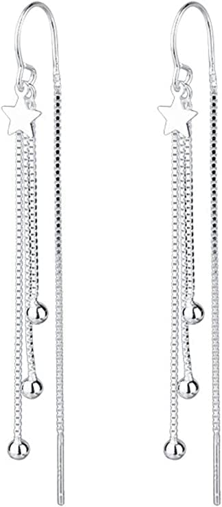 RRomaS Pendientes largos mujer plata de Ley 990,pendientes hipoalargenicos moda,facil de poner,aretes de mujer largos para fiesta,bodas,novias,de borlas 8 cm,pendientes plata largos.caja regalo