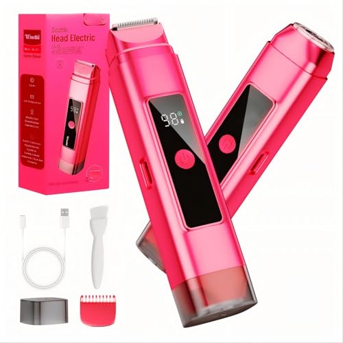 Image of Bikini Trimmer for Women: Electric Razor & Shaver with Dual Heads for Body Pubic Hair, IPX7 Waterproof with LED Display - Rechargeable Lady Trimmer for Bikini Underarm Body Leg Face - Hot red