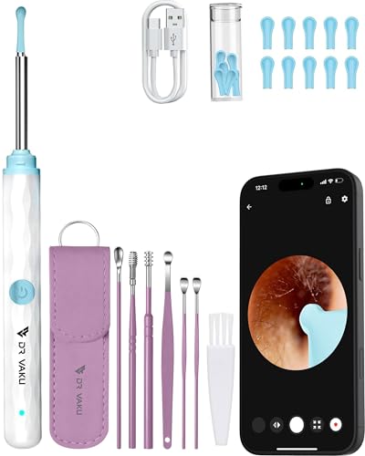 Image of Dr Vaku Earocam Ear Cleaner Earwax Removal Tool with Extra Cleaning Kit (Set of 7) HD Camera Wifi Connection & 6 LED Lights Endoscope Tool + 11 Silicone Tips Free & Storage Case-White /Purple