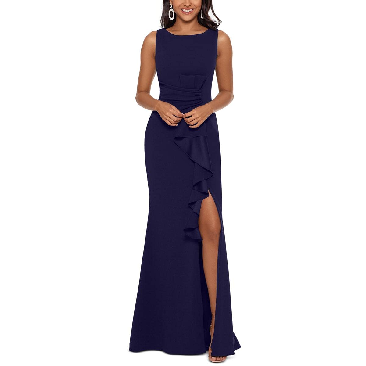 Betsy & AdamWomens Long Sleeveless Boat Neck Ruffle Side Slit Scuba Crepe Gown Special Occasion Dress, Navy, 14 US