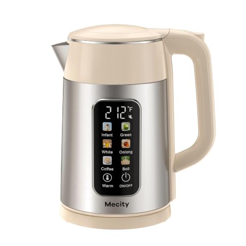 Mecity Electric Kettle 1.7L Touch Screen Temperature Control Water Boiler No Plastic Contact with Water. 6 Presets For Tea and Coffee 2 Hours Keep Warm Auto Shut Off Cream & Stainless Steel Color