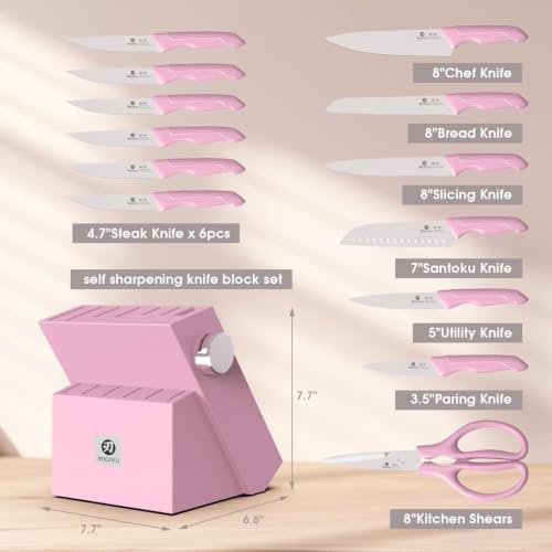 Image of imarku Pink Kitchen Knife Set, 14-Piece Knife Set with Block and Sharpener | Japanese stainless steel |15 edges|non-slip handles| built-in sharpener and dishwasher-safe design