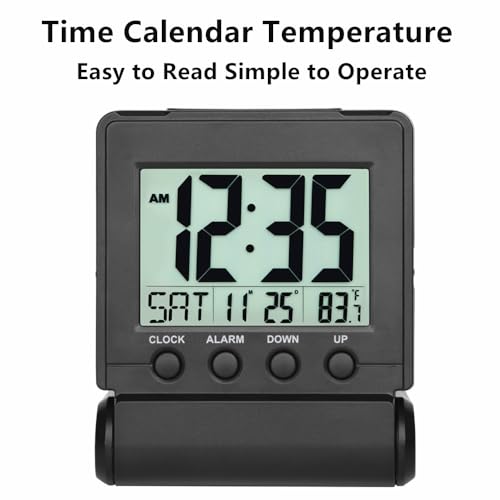 Image of FAMICOZY Small Folding Digital Travel Alarm Clock with Day /Month /Date /Indoor Temperature,Easy to Read and Set,High /Low Alarm Volume,9 Min Snooze,Backlight on Demand,Bedside Calendar Alarm Clock,Black