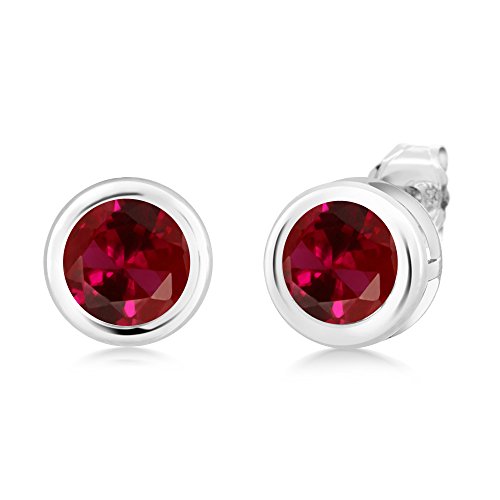 Gem Stone King 925 Sterling Silver Red Created Ruby Bezel Setting Stud Earrings For Women (2.00 Ct Round 6MM)