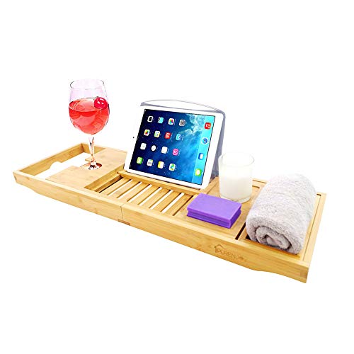 PURENJOY Bamboo Bathtub Tray Caddy Expandable Bath Caddy Tray for Luxury Bathtub Bathroom Organizer with Book and Wine Holder Gift for Loved Ones
