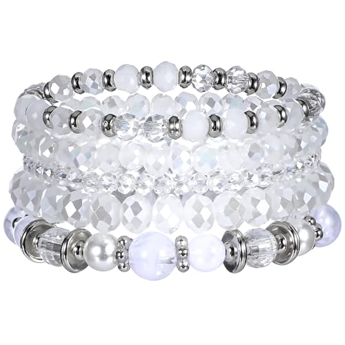5Pcs Beaded Bracelets For Women, Stretch Bracelet For Women, Beaded Boho Stretch Bracelet Stackable, Pearl Crystal for Women Beaded Bracelets for Women Trendy Jewelry Gift for Women - Main Image
