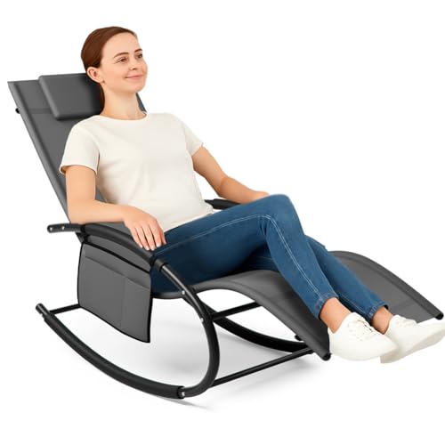 BAKAJI Sedia Sdraio a Dondolo da Giardino, Lettino Prendisole Gravità Zero con Rivestimento in Textilene con Poggiatesta, Poltrona per Esterni ed Interni, Balcone, Patio, Terrazzo (Grigio)