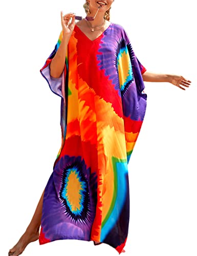 Eddoyee V Neck Print Kaftan Swimsuit Cover Ups for Women Plus Size Beach Caftan Dress Casual Loungewear