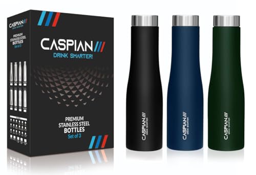 Image of CASPIAN / / / Aqua Stainless Steel Water Bottle (Black, Blue & Green, 1 Litre, Set of 3)| Leak Proof Thunder for Fridge Home Office Travel School Kids Boys Girls Adults Sports Gym Yoga