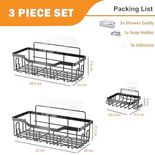 Image of Homeor 3 in 1 Rustproof Stainless Steel Self Adhesive Bathroom Shelf for Wall, Soap Dish, Racks & Shelves for Wall, Bathroom Organizer Without Drill, Adhesive Shower Caddy with Soap Holder, Black