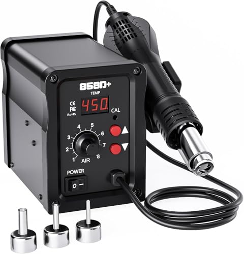 Image of 700W Hot Air Soldering Station, 858D Hot Air Rework Station with LED Display, 3 Nozzles, Adjustable Temperature 100-450°C, SMD Desoldering Station for DIY, Repair & Rework (UK Plug)