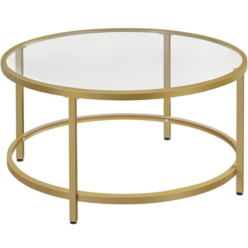 Yaheetech Gold Glass Coffee Table for Living Room, 36" Round Glass Coffee Table with Metal Frame, Circle Coffee Table for Home, Office, Apartment