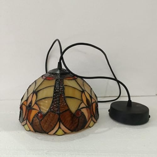 Image of Delight Creations Stained Glass Hanging Pendant Lamp, Amber Brown Mosaic Glass Shade with Black Cord, Decorative Ceiling Light for Home & Cafe (Free Bulb) (Design - 9)