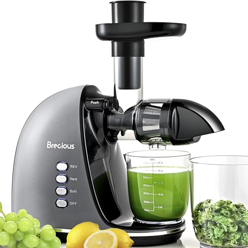 Slow Masticating Juicer,Brecious Cold Press Juicer with 2 Speed Modes & Quiet Motor,Juicer Machines Vegetable and Fruit with Reverse Function,Celery Juicer,BPA-Free,Easy to Clean (Silver)