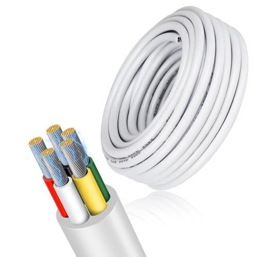 18 Gauge 5 Conductor Electrical Wire, 49.2FT Low Voltage 18/5 Tinned Copper Stranded 5 Wire Cable, 18 AWG White Flexible Extension Power Cord for Sprinkler, Thermostat, Speaker, Irrigation, Automotive