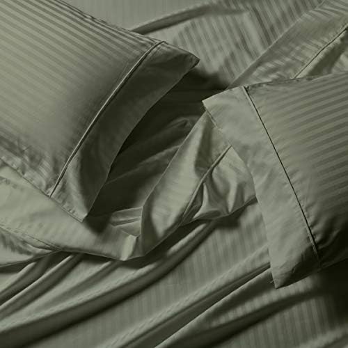 sheetsnthings Damask Stripes 650-Thread-Count Cotton-Blend 4PC Queen Bed Sheets Set, Sage