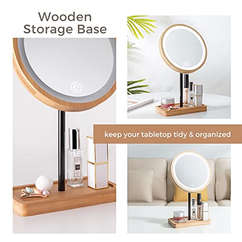 Kimikata Led Lighted Makeup Mirror Vanity Light Up Mirror With 3 Lights, Cordless Usb Rechargeable Battery, Rotation, Small Bamboo Wood Beauty Storage Organizer, Tabletop Stand, Circular Light Ring #TOP5