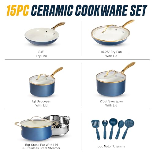 Image of 15 Pc Pots and Pans Set Non Stick - Gotham Steel Ceramic Cookware Set, Diamond Reinforced Nonstick, PFOA & PFAS Free, Non Toxic Kitchen Cookware, Oven Safe to 500F, Dishwasher Safe - Navy