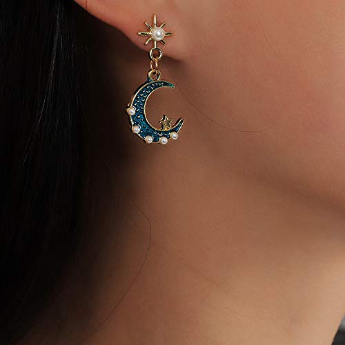 Flzaitian Sun And Crescent Moon Star Planet Dangle Drop Earrings For Women Asymmetrical Vintage Bohemian Mismatched Rhinestone Design Gift Jewelry (A) #TOP2