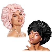 ZYEKIU 2 Pcs Bonnet Soie Cheveux Nuit Bonnet de Nuit Réutilisable et Confortable Cheveux Bonnets pour Femme Femmes Taille de tête pour Ajustable Tresse Locks Longs Bouclés (Rose et Noir)