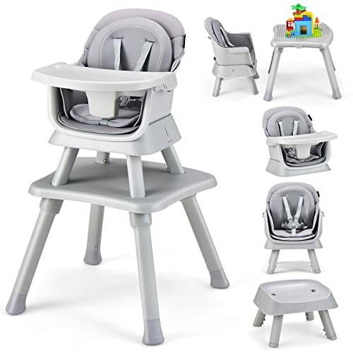 Image of HONEY JOY 8 in 1 Baby High Chair, Convertible Highchair for Babies and Toddlers/Table and Chair Set/Building Block Table/Booster Seat/Stool/Toddler Chair with Safety Harness (Gray)