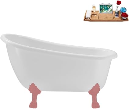 Streamline 53" Clawfoot Soaking Bathtub Glossy White Acrylic Tub with Matte Pink Internal Drain Timeless Oval Design with Bamboo Tray 60 Gallon Capacity