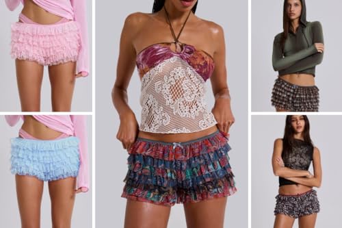 Image of Women Ruffle Bloomers Y2k Lace Trim Lolita Pettipants Cute Layered Frill Pumpkin Bottom Shorts Sweet Booty Panties