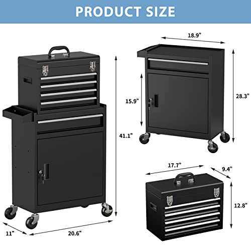 Dusacom 5-Drawer High Capacity Rolling Tool Chest, Removable Toolbox On Wheels Organizers, Lockable Tool Box Tool Storage Cabine With Drawers And Wheels For Workshop And Warehouse (Black) #TOP6