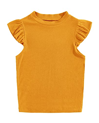 Meilidress Kids Girl's Crew Neck Sleeveless Tops Ruffle Trim Solid Color Cute T-Shirt Blouse Pullover 5-14 Years Yellow #TOP11
