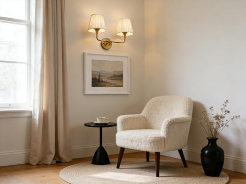 Image of Yosoan 2-Light Brass Beige-Yellow Pleated Fabric Shade Wall Sconce, Vanity Vintage Industrial Hardwired Indoor Boho Gold Wall Mounted with Cup Funnel Shade for Kitchen Living Room Staircase(Antique)