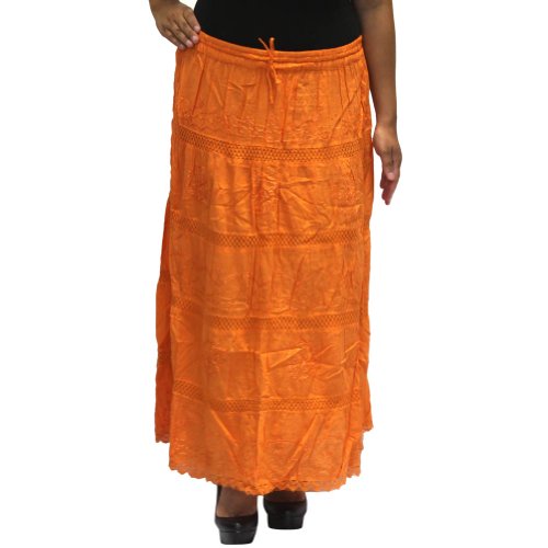 Lss5 Orange Long Solid Ethinc Womens Peasant Bohemian Gypsy Full Length Skirt - Lined, One Size #TOP23