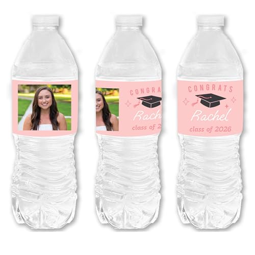 Big Dot of Happiness 100 Rose Gold Pink Personalized Graduation Water Bottle Labels, Custom Photo & Name, Class of 2026 Grad Party Favors, Set of 100 Waterproof Water Bottle Sticker Labels