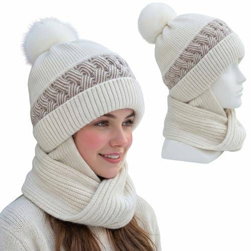 Image of Kraptick Women's Winter Cap and Scarf Set- Thick Fleece Lined Knitted Beanie Hat and Neck Warmer Muffler for Ladies, Stretchable & Soft Woolen Snow Proof for Extreme Cold -6