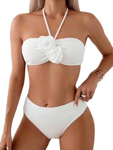 SHENHE Women's 2 Piece Halter Swimsuit 3D Flower Appliques Bandeau Tummy Control Bikini Set