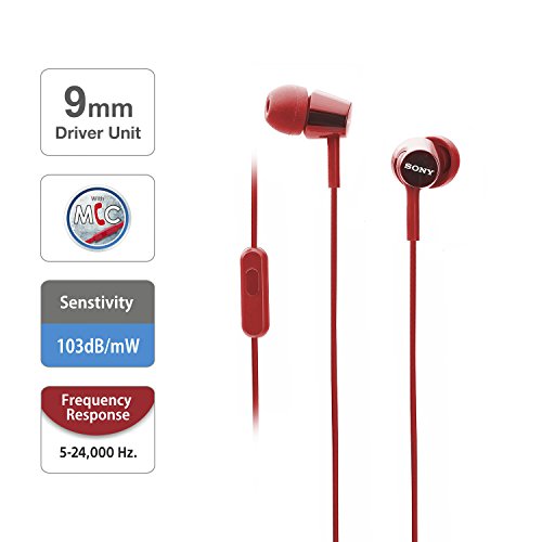 Image of Sony MDR-EX155AP Wired in-Ear Headphones with Tangle Free Cable, 3.5mm Jack, Headset with Mic for Phone Calls and 1 Year Warranty - (Red)