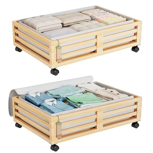 Image of Wisuce Bamboo Under Bed Storage Containers- Underbed Organizer with Wheels with Large Dust Bag,Sturdy Wood Rolling Under the Bed Shoe Storage Organizer Drawer 2 Packs (Nature, Small)
