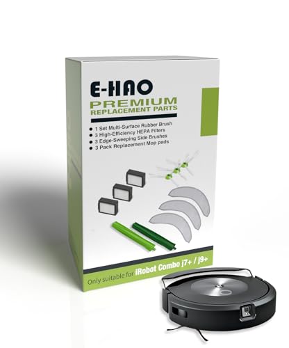 E-HAO Piezas de Repuesto para aspiradora iRobot Roomba Combo j7+, j9+, MAX 10, 1 Juego de Rodillo de Goma, 3 Almohadillas Reutilizables para Fregar, 3 filtros HEPA y 3 cepillos de Barrido de Bordes